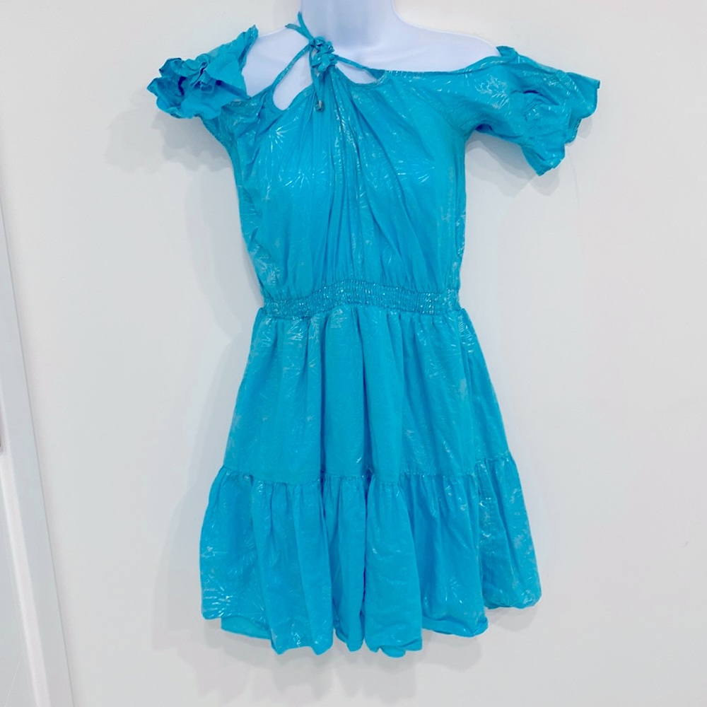 Preowned L Michael Kors Foil Print Cold Shoulder Turquoise dress size L - Picture 5 of 7